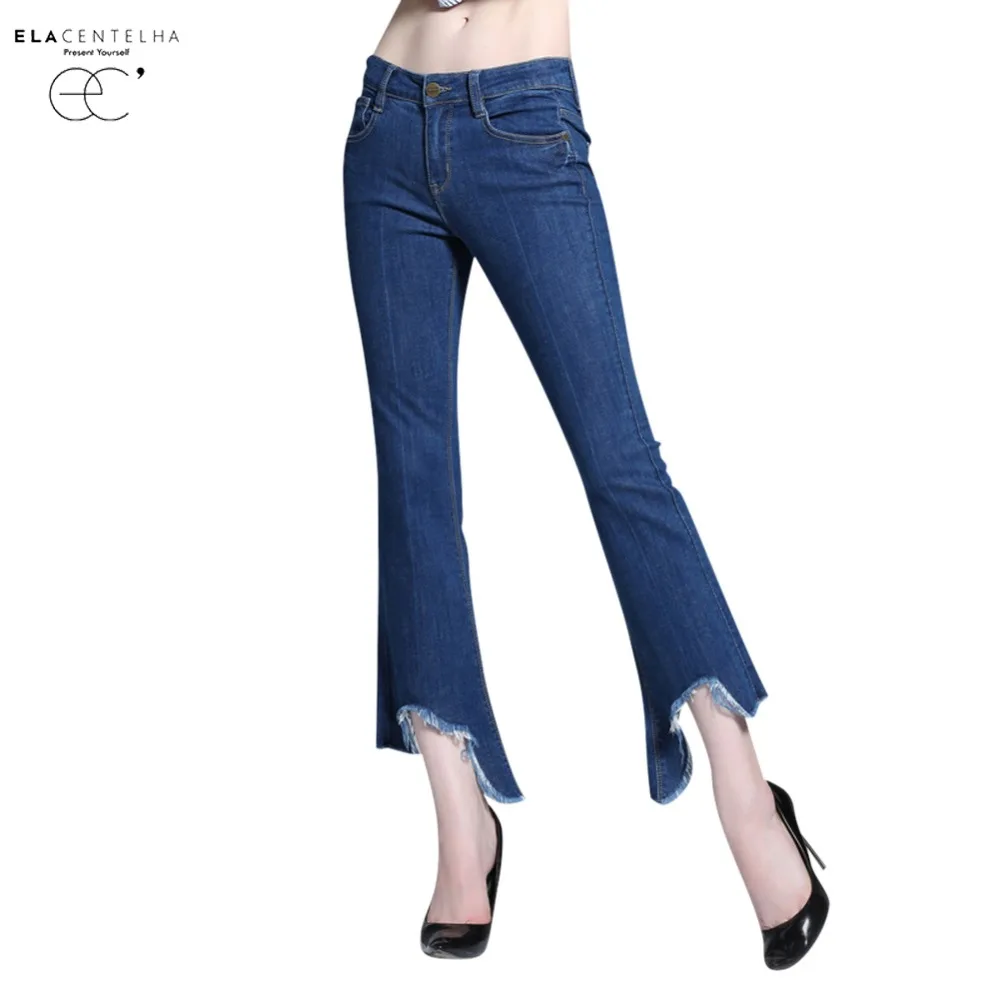

ElaCentelha Women Jeans 2017 New Ladies Irregular Skinny Flare Pants Autumn Spring Womens High Waist Denim Jeans Pants