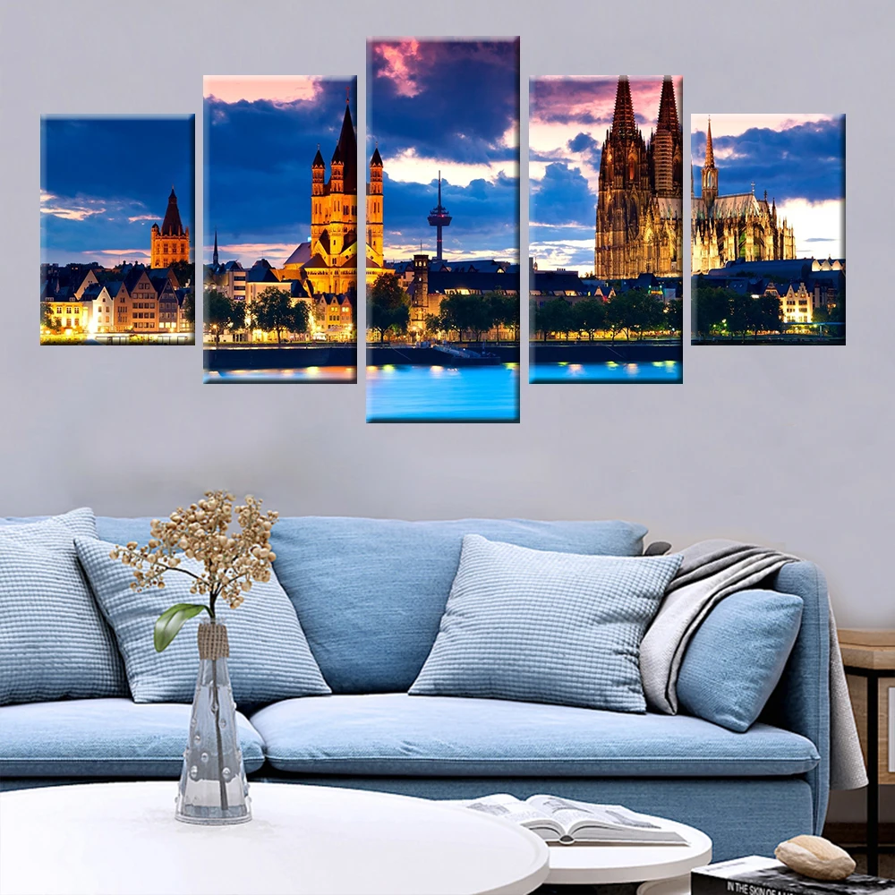 

Wall Art 5 Piece Modular Cologne Cathedral Poster City Canvas Painting for Home Decor Living Room Bedroom Wall Painting