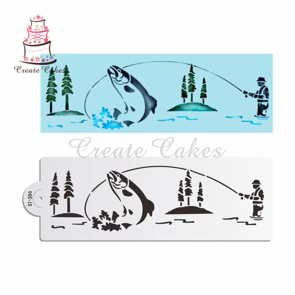 

Gone Fishing Cake Stencil for Cake Design Plastic Stencil for Painting Template Mold Fondant Decorating Tools Bakeware ST-386
