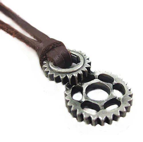 

100% Genuine Leather Necklace Punk Vintage Leather Jewelry Men Women Gear Wheel Pendant PL0228