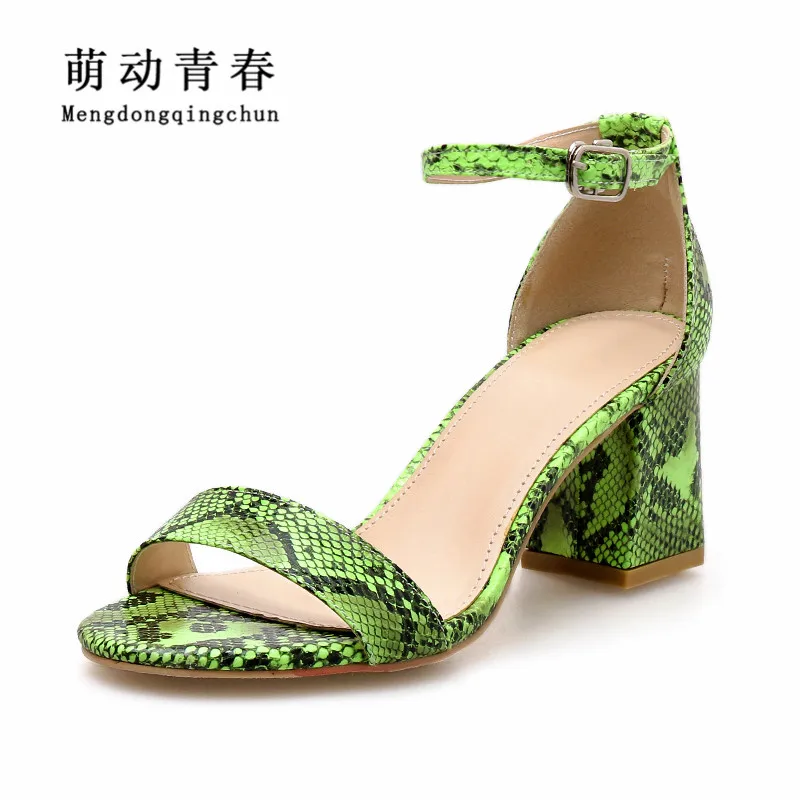 

New Fashion Women Sandals Open Toe Buckle Strap Snake Print High Heels Pumps 6.5cm Heels Summer Casual Thick Heels Shoes Sandals