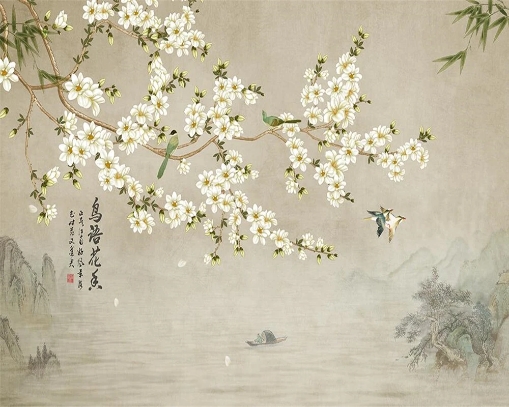 

Bird flowers floral ink landscape wallpaper television sofa bedside wall living room bedroom decorative 3d wallpaper