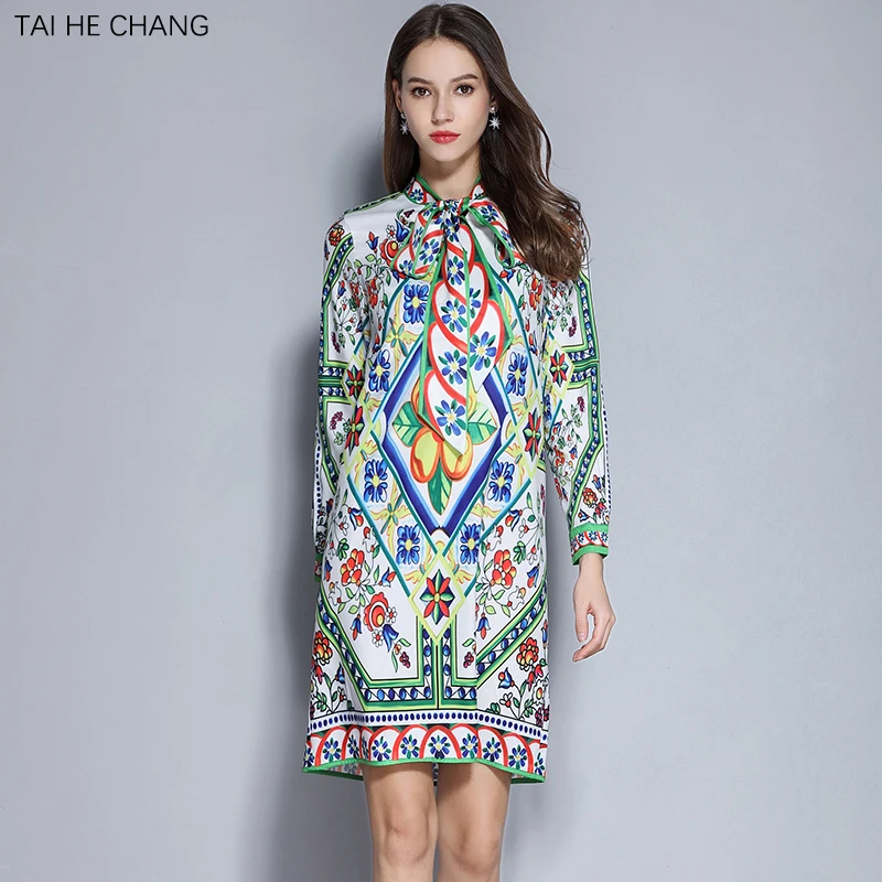 

women dress new spring fashion high-end elegant loose vintage casual runway long sleeve print floral shirt work OL mini dress