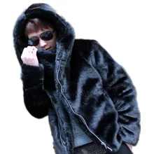 Y пальто из искусственного меха с капюшоном, искусственный мех норки тонкий короткий дизайн наклонная молния капюшон пальто для мужчин, черный S-XXXL