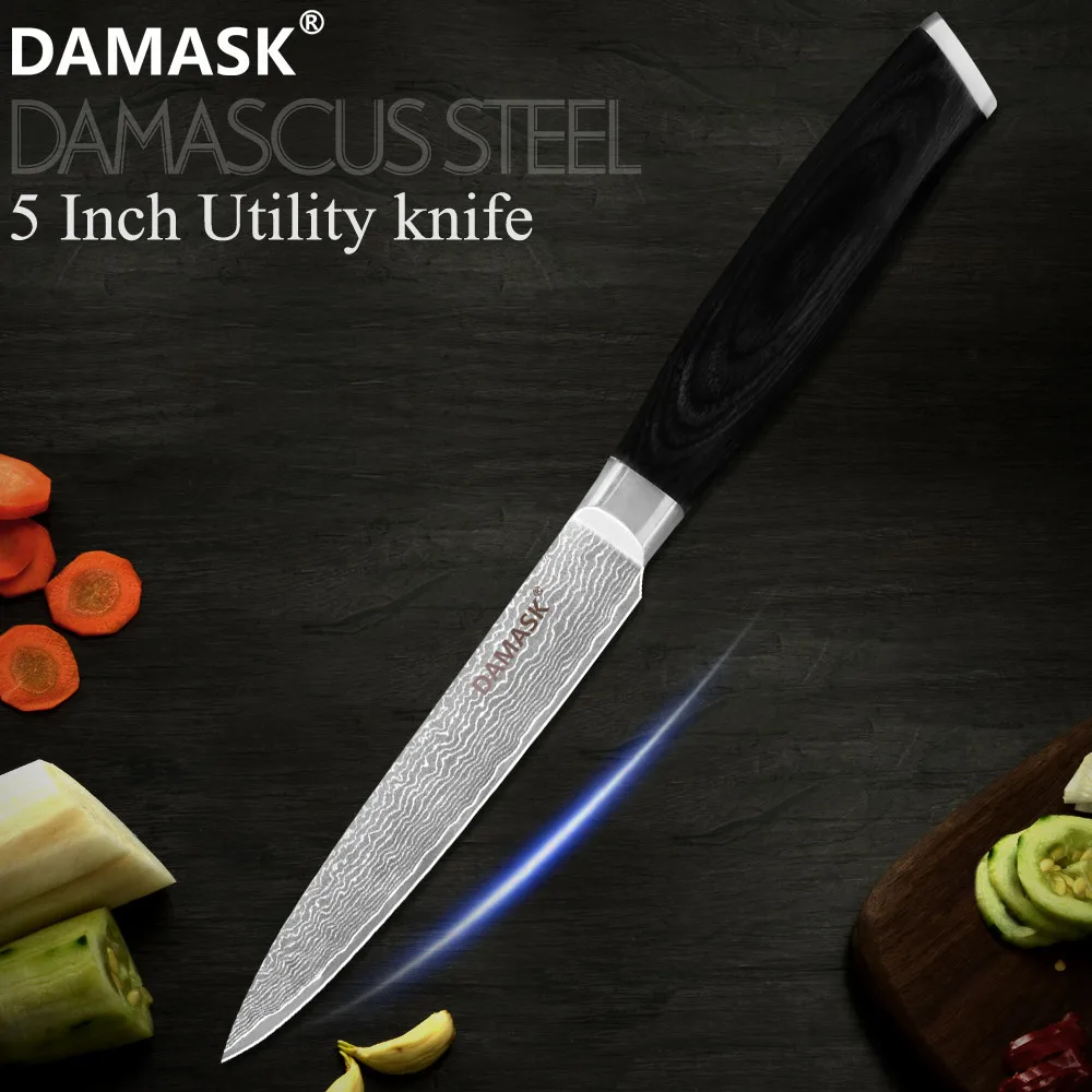 

DAMASK 5 inch Blade Damascus Kitchen Knife 67 Layer VG10 Top Grade Chef Knife Damascus Utility Cooking Knife Wood Handle Gift