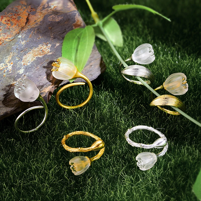 Ceny Lotus Fun prawdziwe 925 srebro 18k złoty pierścień naturalny kryształ Handmade Fine Jewelry lilia doliny pierścienie kwiatowe dla kobiet
