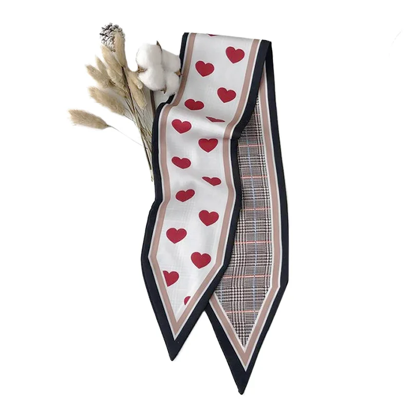 87*10cm Retro Silk Small Scarf Women Spring Autumn Love Heart Pattern Multi-function Hair Tie Hair Band Scarves Accessories LB
