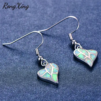 

RongXing Silver Color Heart Opal Drop Earrings for Women White/Blue Fire Birthstone Dangle Earring Fashion Jewelry