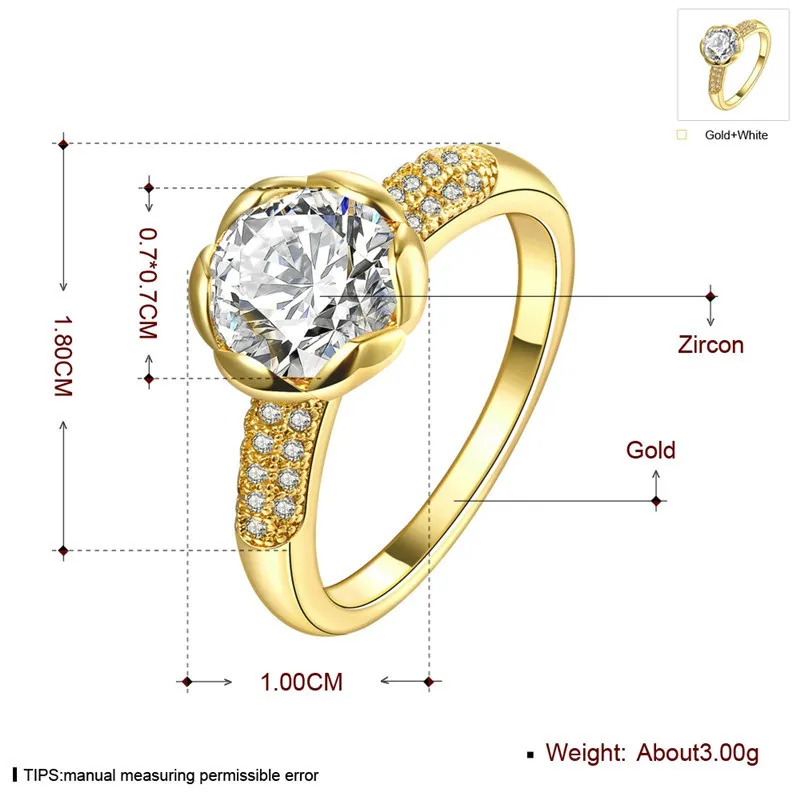 Настоящее 24 К Gold Filled Свадебный Кольца для Для женщин Романтический цветок в форме декор 1.5 карат CZ Diamant Обручение кольцо YR548