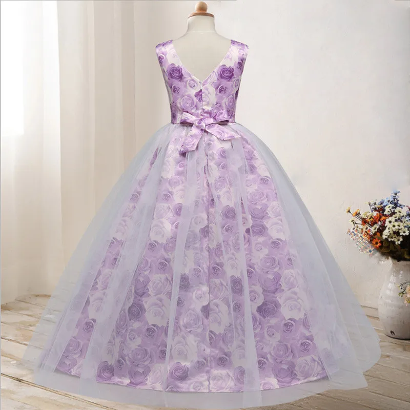 Детские Летние Элегантные платья принцессы без рукавов с принтом розы фиолетовая одежда для свадебного торжества Вечерние платья для маленьких девочек