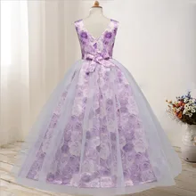 Детские Летние Элегантные платья принцессы без рукавов с принтом розы фиолетовая одежда для свадебного торжества Вечерние платья для маленьких девочек