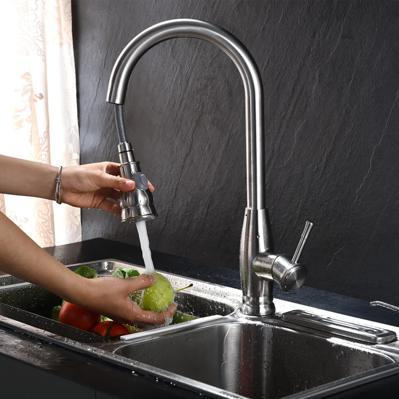 304SUS Pull Out Spray Rotary Faucets Brushed Kitchen Faucet Sink Mixer