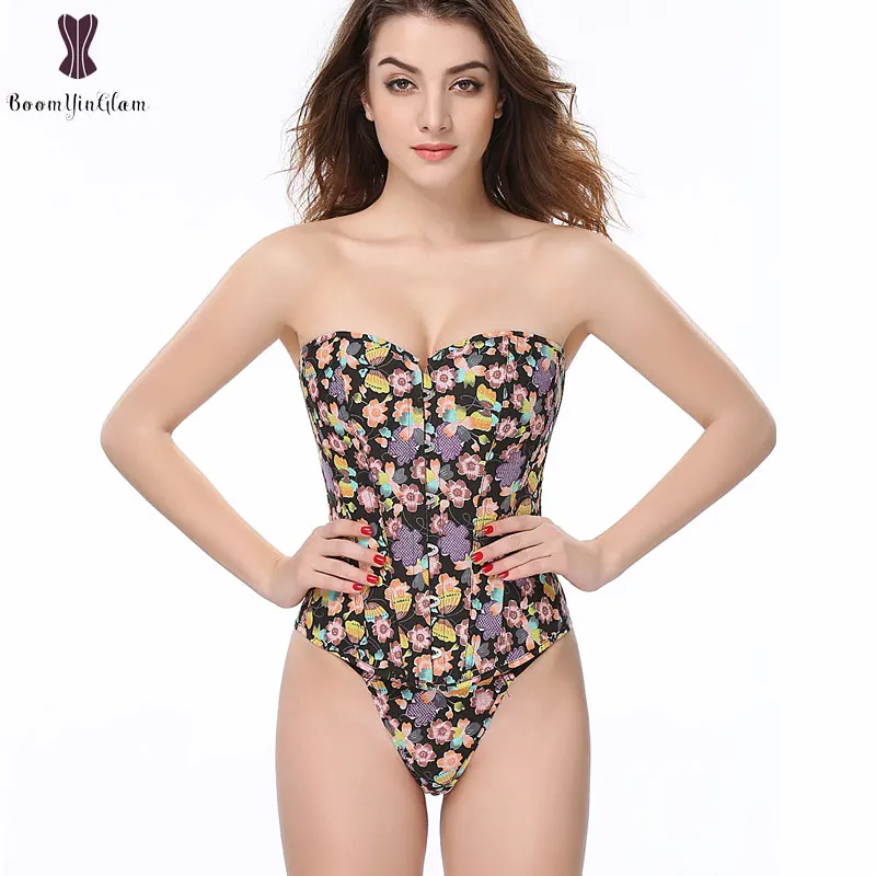 

Flower Printing Corset Top Overbust Gothic Lolita Bustier Elastic Boned Black Corselet Women Lolita Waist Trainer Waist Cincher