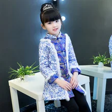 Одежда в китайском стиле для девочек, cheongsam осенне-зимняя новогодняя одежда белое синее фарфоровое платье, кардиган на пуговицах с узлом, костюм Тан
