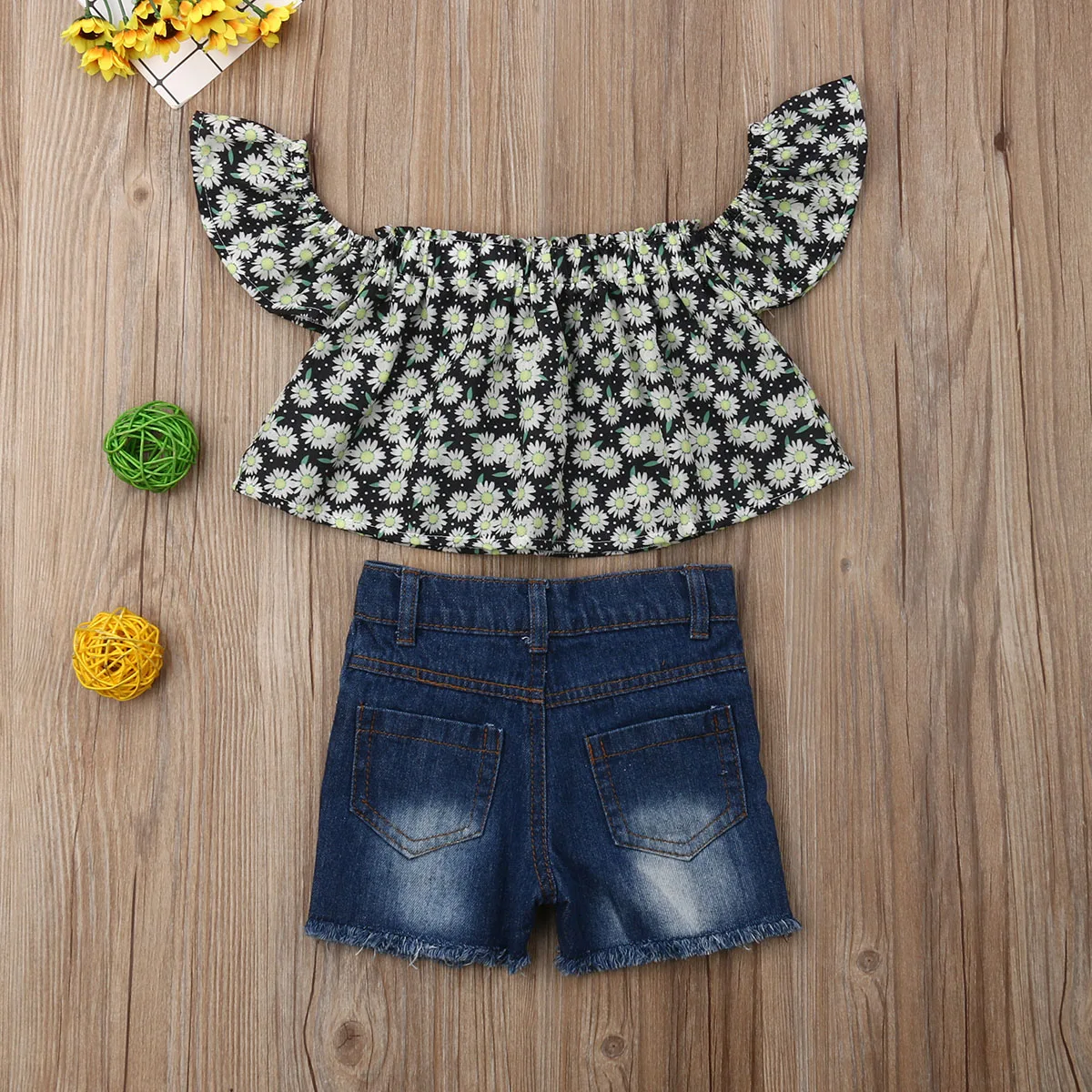 US 2PCS Toddler Kid Baby Girl Clothes Off Shoudler Top+Denim Pants Summer Outfit