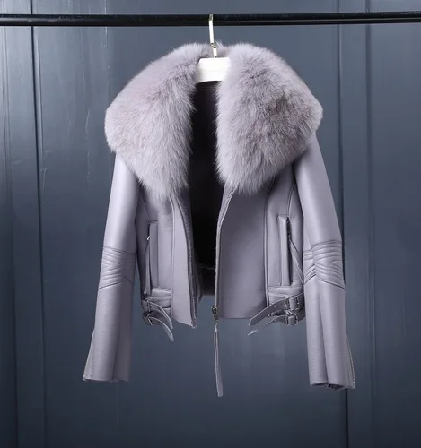 OFTBUY пальто с натуральным мехом, зимняя куртка для женщин, Воротник из натурального Лисьего меха, подкладка из натурального меха, искусственная кожа, Толстая теплая уличная одежда - Цвет: grey