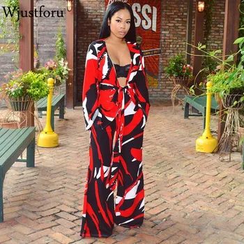 

Wjustforu New Autumn Printed Casual Two Piece Set Women Wide Leg Loose Two Piece Set Bandage Fashion Sexy Two Piece Set Female