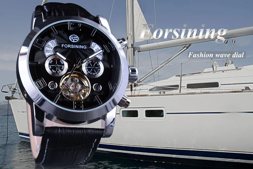 Forsining 5 Hands Tourbillion модный волнистый циферблат дизайн многофункциональный дисплей мужские часы лучший бренд класса люкс автоматические часы