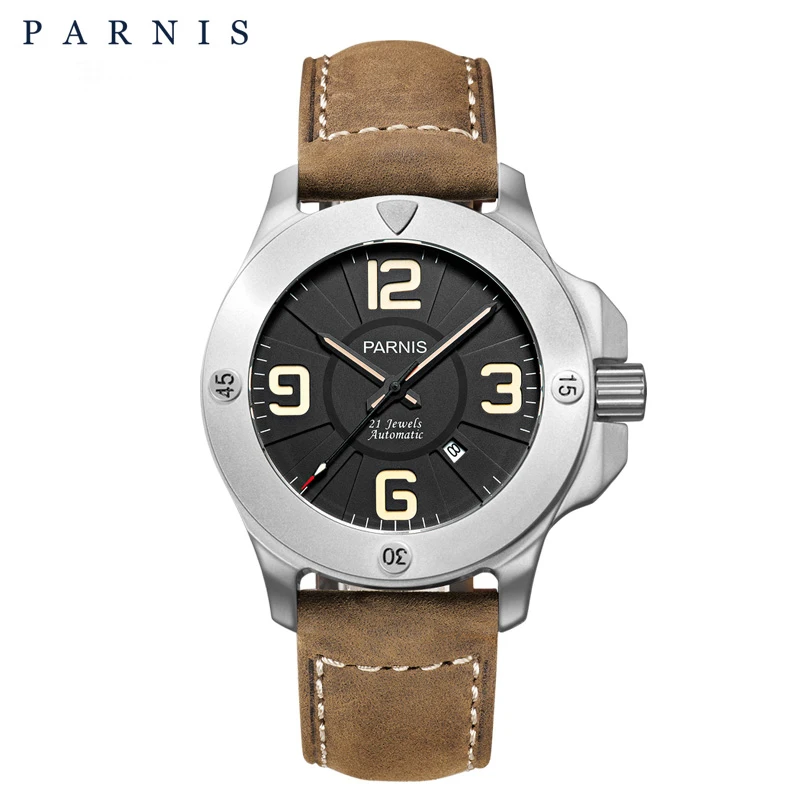 Parnis 47 мм военные механические часы мужские часы лучший бренд класса люкс автоматические часы сапфировое стекло Натуральная кожа Ремешок - Цвет: white case2