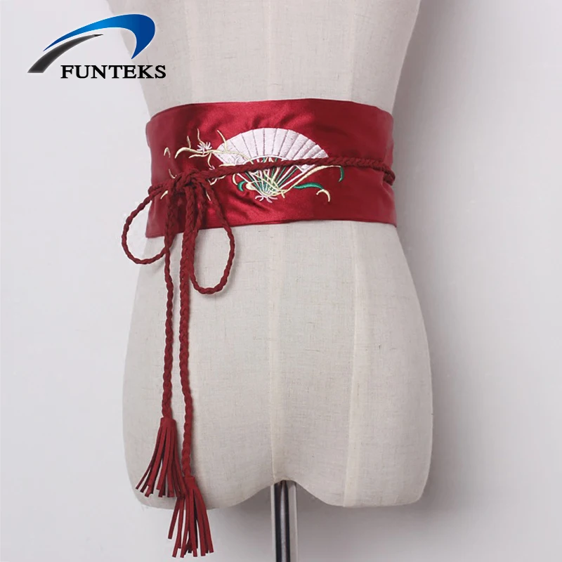 FUNTEKS Chinese Style Fan Embroidery Wide Belts Women Luxury Satin