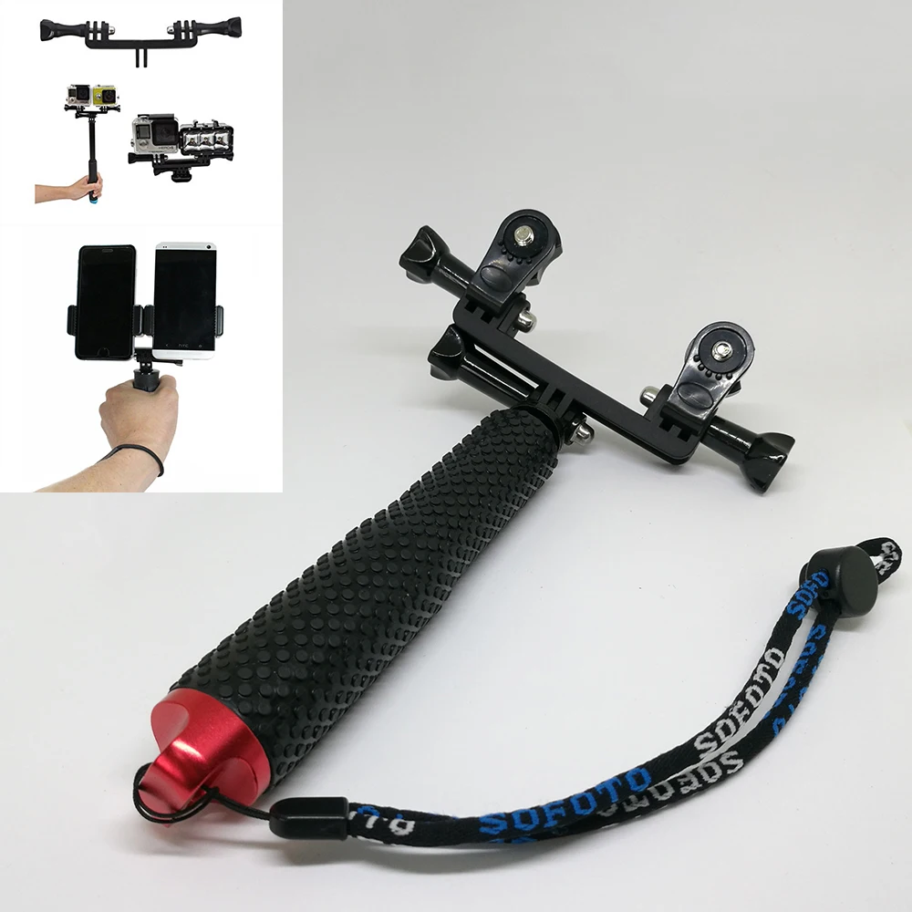 

Dual Device Hand Grip Setup Selfi Stick Tripod Screw Adapters for Live Streaming, Video Recording for GoPro hero 5 4 3+ 3, phone