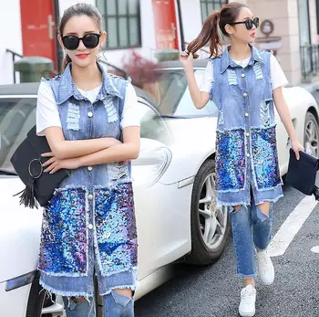 

2018 new women fashion Sequins Holes Denim vest and long sections Slim jacket