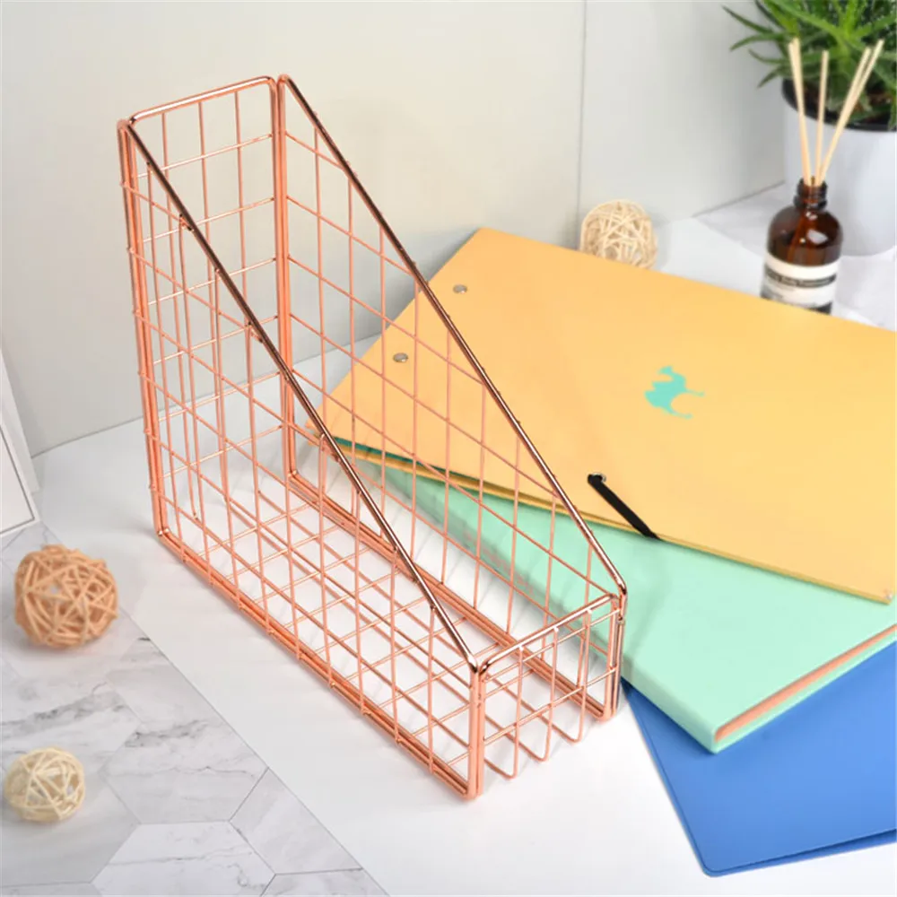 

Office Rose Gold Magazine Book Finishing Rack Multifunction Desktop Gold Metal Storage Basket A4 Newspaper Organizer Basket