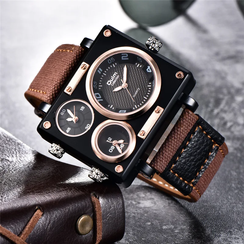 OULM Hot Sale Three Time Zone Men Watch Big Style Square Dial Fabric Strap Military Watches Men Lux
