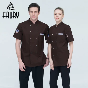 

Unisex Short Sleeve Stand Collar Pocket Work Wear Uniforms Restaurant Hotel Waiter Waitress Kitchen Chef Cooking Jackets Tops