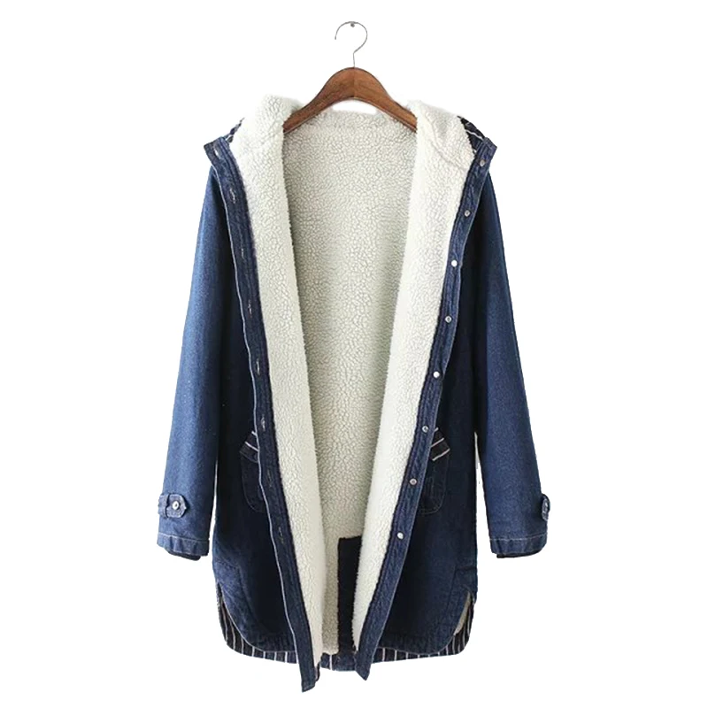 Kopen 2018 Nieuwe Winter Vrouwen Lam Bont Parka Coat Warm Hooded Bont Denim Jas Big Size Casual JeanCoat Vrouwelijke Dikke Warme denim Jas