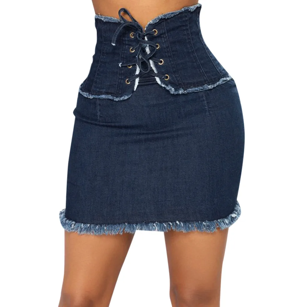 

Women's Fashion High Waist Solid Casual Denim Bodycon Lace Up Short Jean Skirt jupe longue boheme spodnica Saias faldas 10