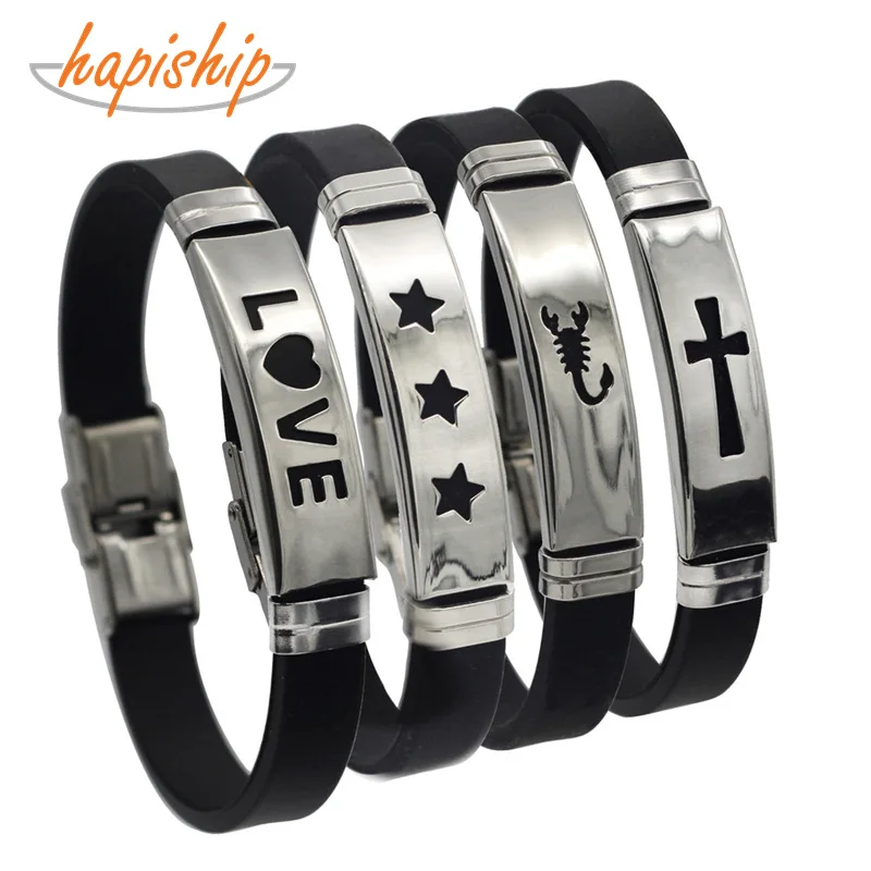 

Hapiship 2018 Silicone Stainless Steel Cross Love Fish Star Bracelet Bangle For Men Women Black Wristband Cool Jewelry GJ012