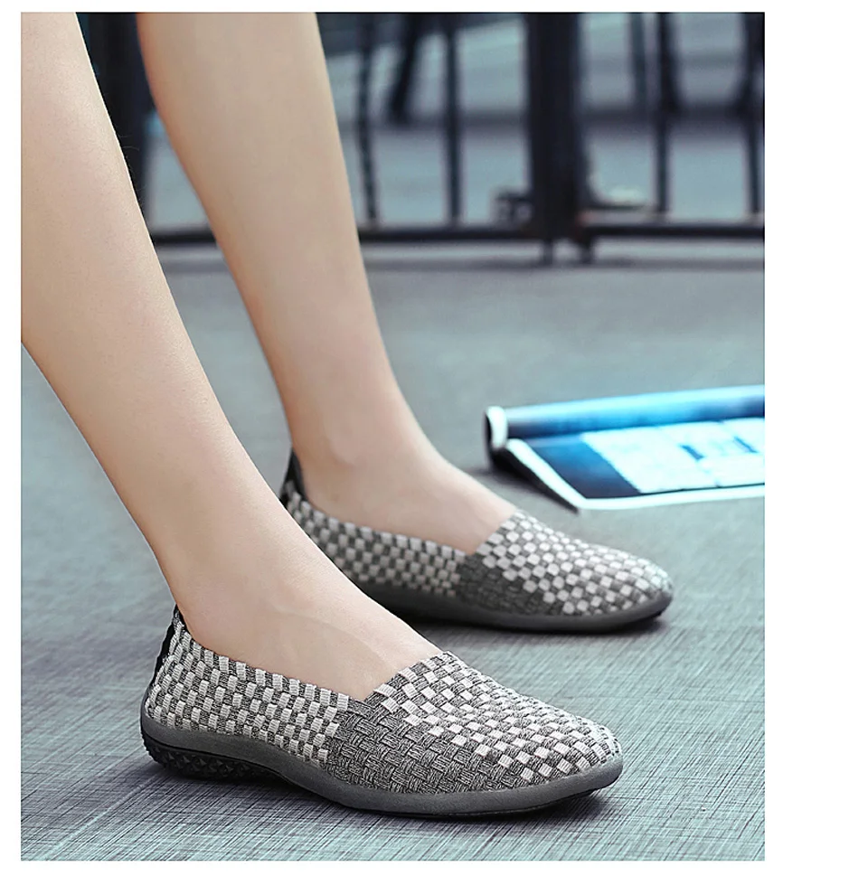 EOFK/ летняя дышащая женская тканая обувь ручной работы; эластичная тканая обувь на плоской подошве без шнуровки; женская обувь на плоской подошве из нейлона в клетку