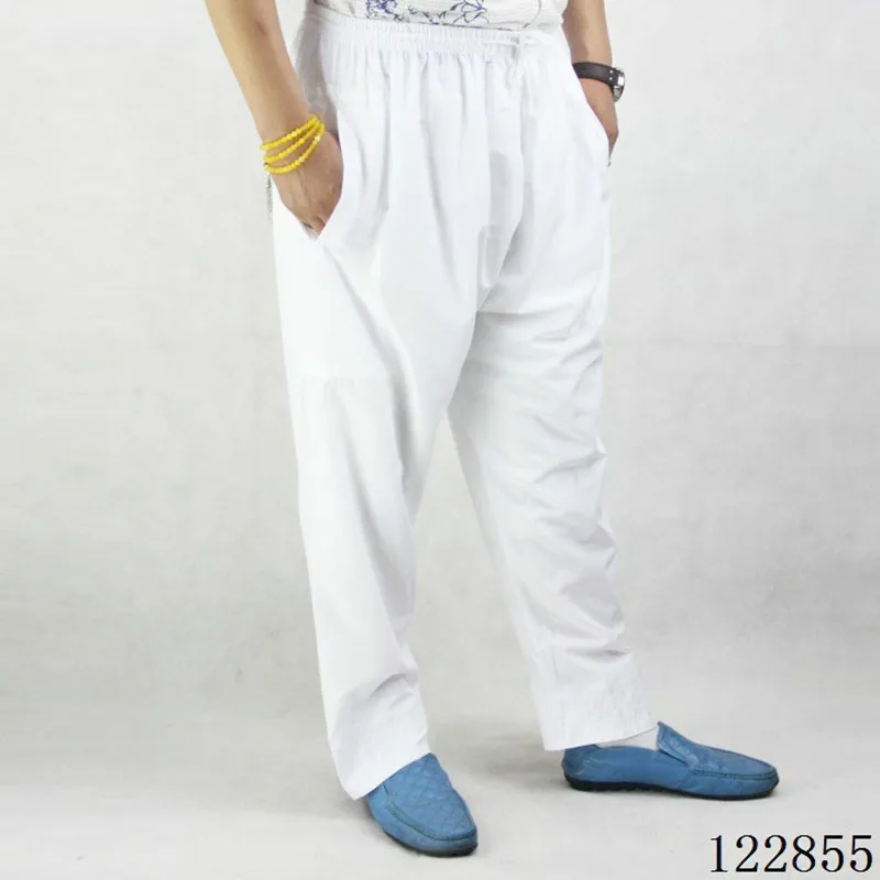 Мусульманский мужской кафтан абайя Брюки Хлопок Длинный эластичный пояс мусульманская одежда Мужские Брюки с карманами размера плюс мужская одежда арабский - Color: white