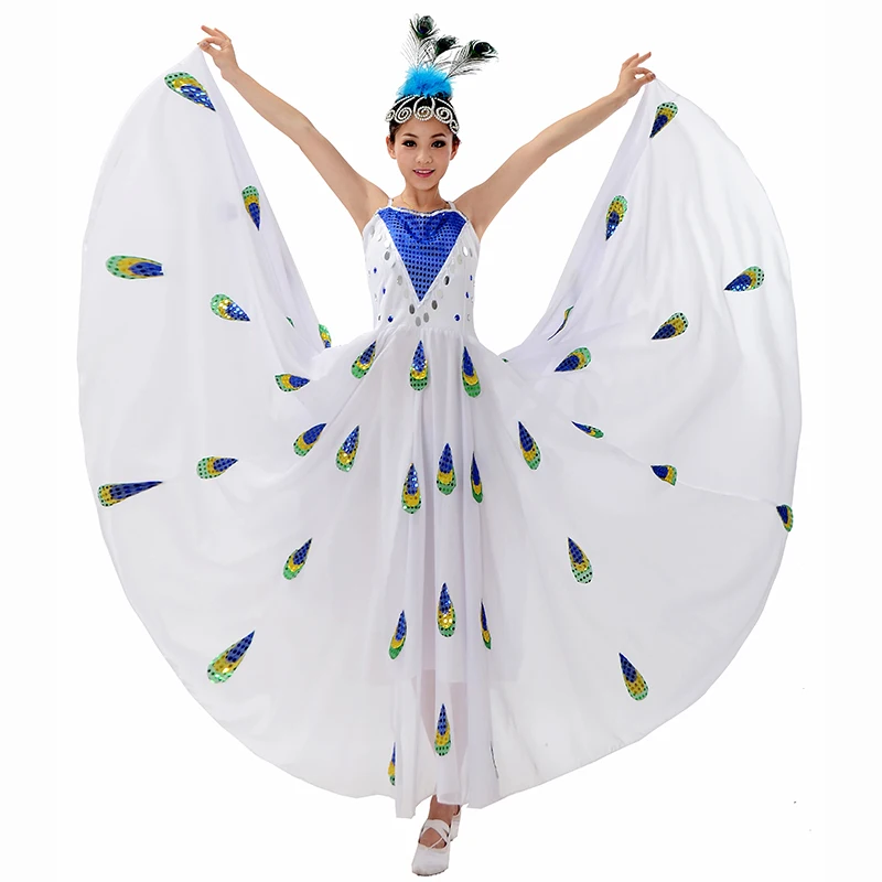 

Minority Dance White Peacock Costume Costume Dai Dress Skirt Dai Dance Performance Clothing Sequined Suspenders Chiffon