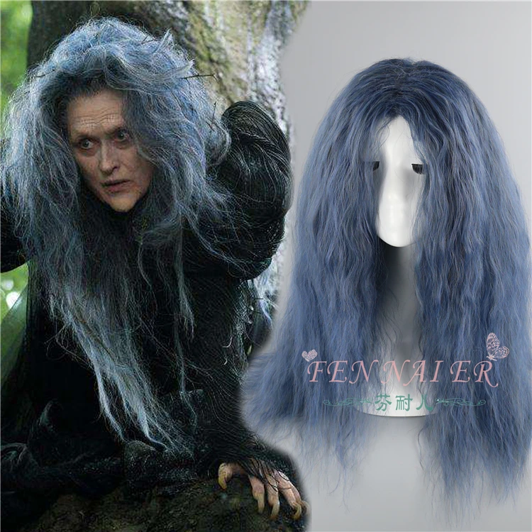 

Halloween Women Role play Into the Woods Cosplay Wig The Witch Kinky Curly Gray mix Blue Long Styled Hair costumes