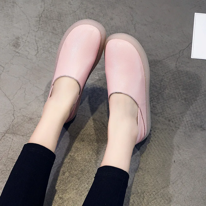 

Women Pink Flats Casual Leather Shoes Low Heels Spring White Lazy Shoes Women Loafers Handmade Genuine Leather Ballat Flats Soft
