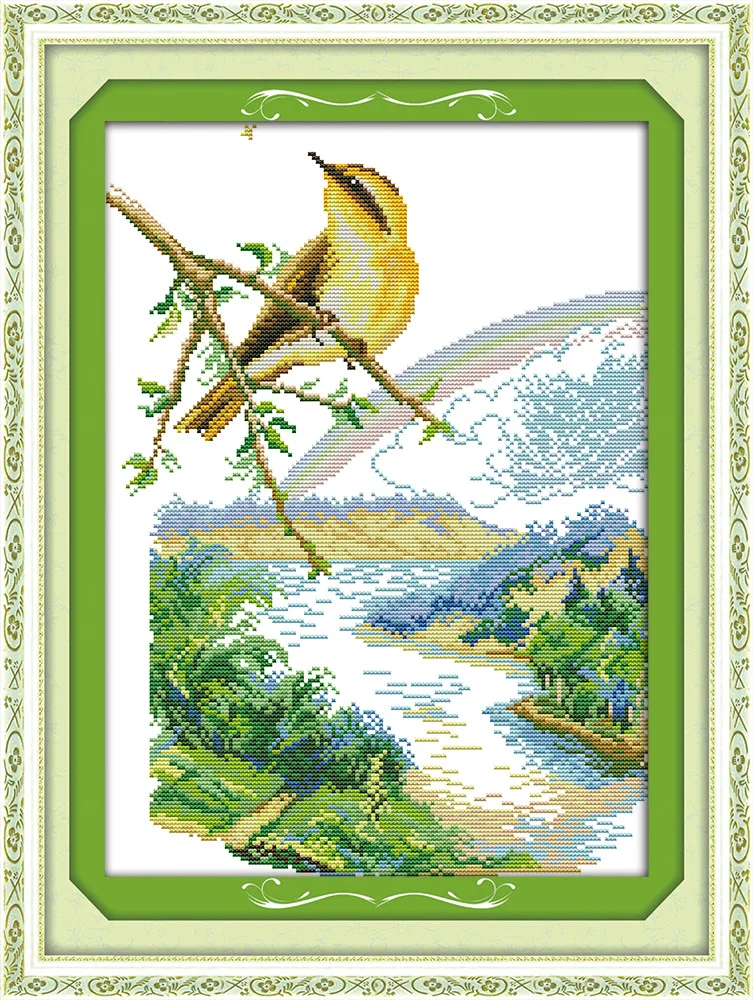 

The bird on branch-spring Canvas DMC Counted Cross Stitch Kits printed Cross-stitch set Embroidery Needlework