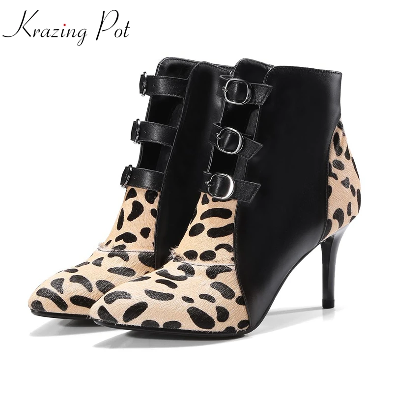 

Krazing Pot 2019 vintage horsehair stiletto high heel pointed toe metal metal buckle runway superstar leopard ankle boots L2f1