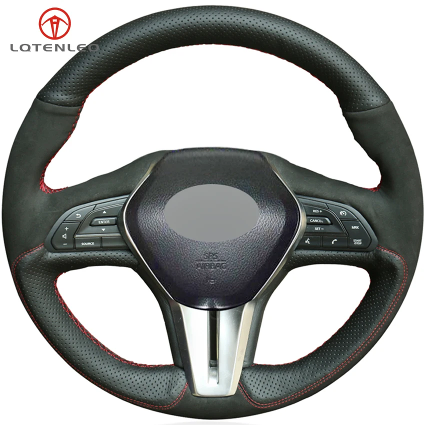 LQTENLEO Black Genuine Leather Black Suede DIY Car Steering Wheel Cover
