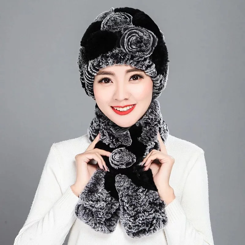 Модная женская меховая шапка, Зимний натуральный настоящий мех кролика, шапка, шарф, набор, высокое качество, для женщин, натуральный мех - Цвет: color 11