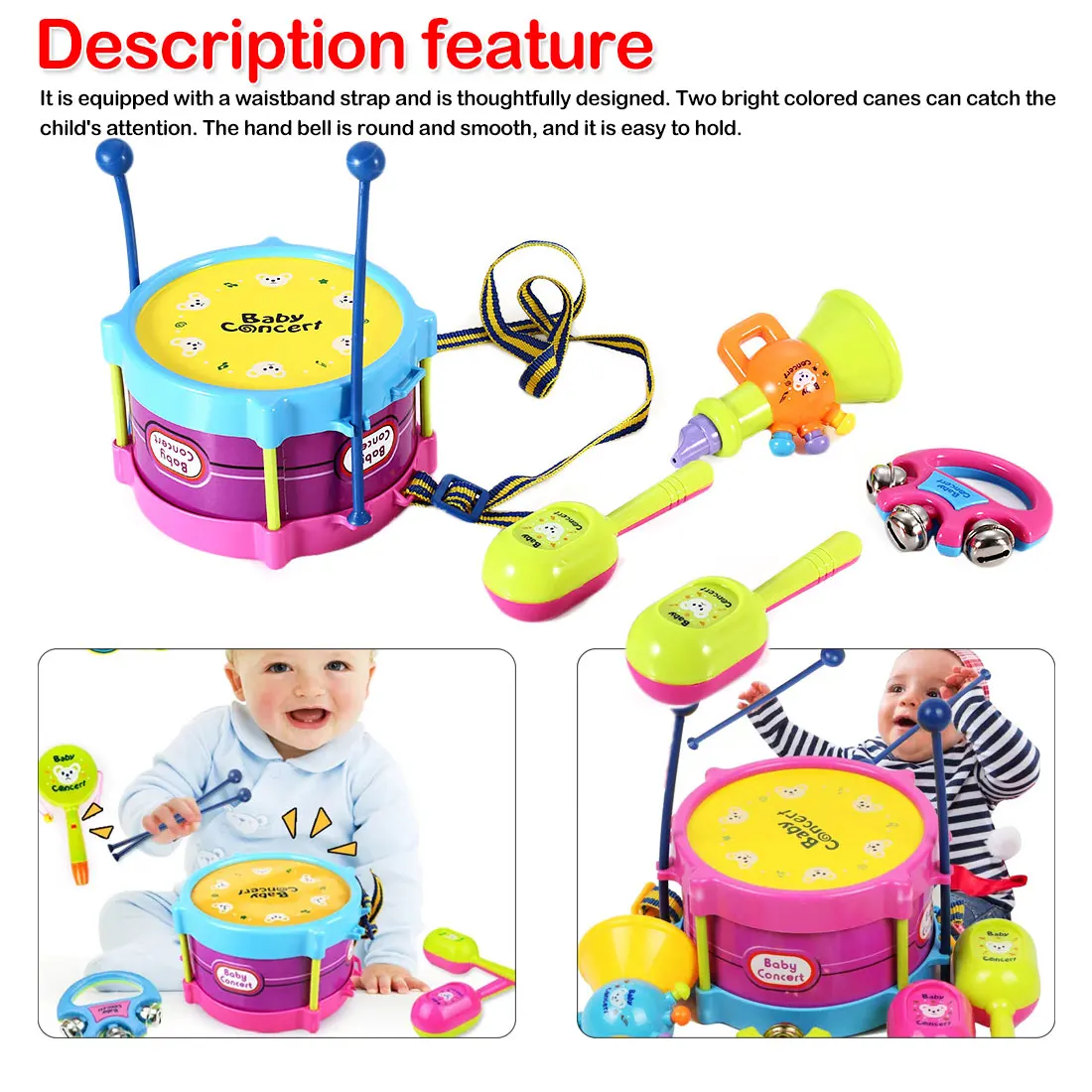 

5Set Educational Kids Toy Set Baby Roll Drum Musical Instruments Kit Children Baby Gift Tambourine Handbell Music Drums