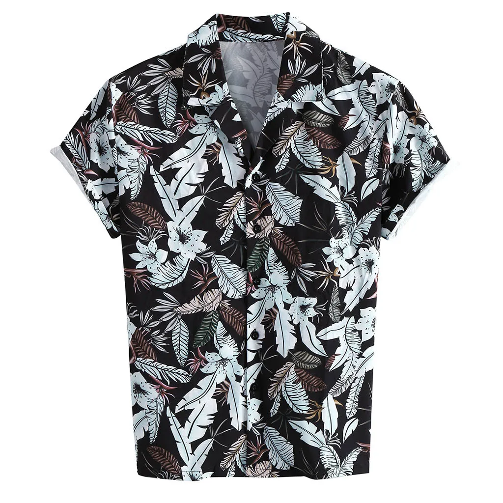 Shirts Men Dress Hawaiian Print Short Sleeve Shirts Streetwear Turn Down Collar Party Dress Shirt Plus Size Button Chemise #V