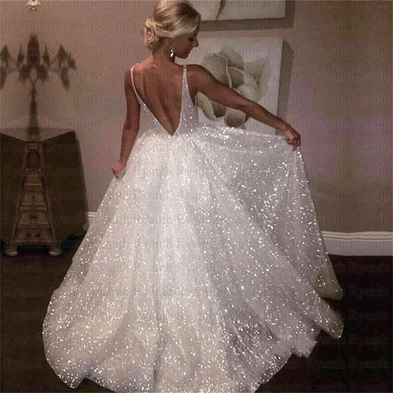 

Ryanth Custom Made Sparkly Evening Dress 2019 Ivory Sequins Charming Spaghetti Strap Backless Formal Party Prom Gowns for Women
