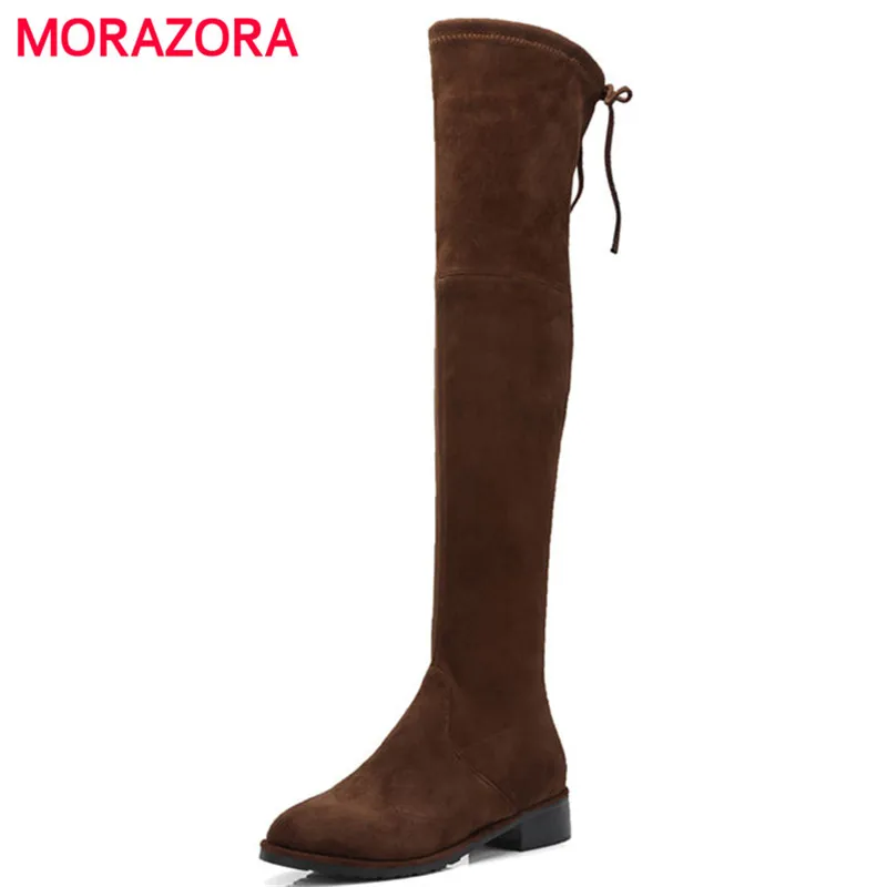 

MORAZORA big size autumn winter women brand boots slip on round toe over the knee boots fashion cross tied suede leather boots