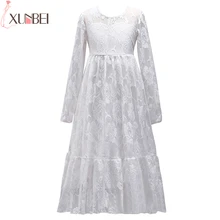 Красивое белое кружевное длинное платье с цветочным узором для девочек; коллекция года; пышные платья с длинными рукавами для девочек; платья для причастия с круглым вырезом; vestido comunion