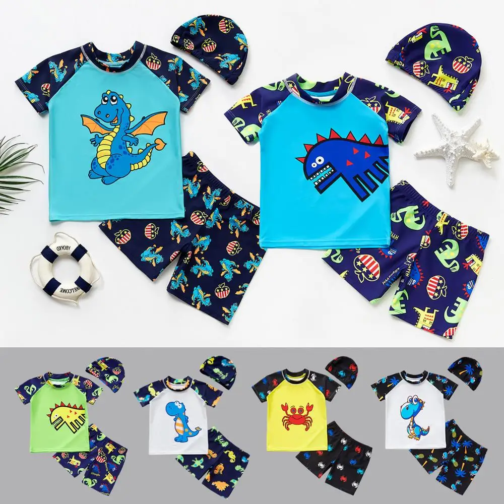 

Children Boy Swimsuit Cartoon Dinosaur 3 Pieces Swim Suits Sunblock Beach Costume Bodysuit With Cap Kids Boys Swimwear 2-13Y