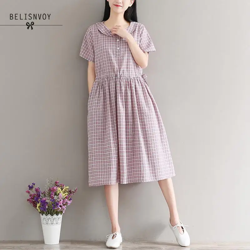 

Mori Girl Summer Women Vintage Dress Peter Pen Collar Plaid Casual Loose Mujer Vestidos Cotton Linen Sweet Kawaii Elegant Dress