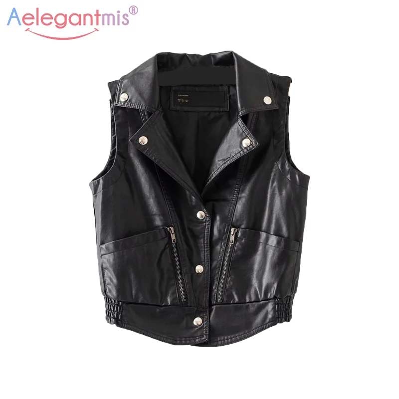 

Aelegantmis New Black Casual Pu Leather Vest Women Short Motorcycle Waistcoat Female Slim Faux Leather Vests Zipper Basic Coat