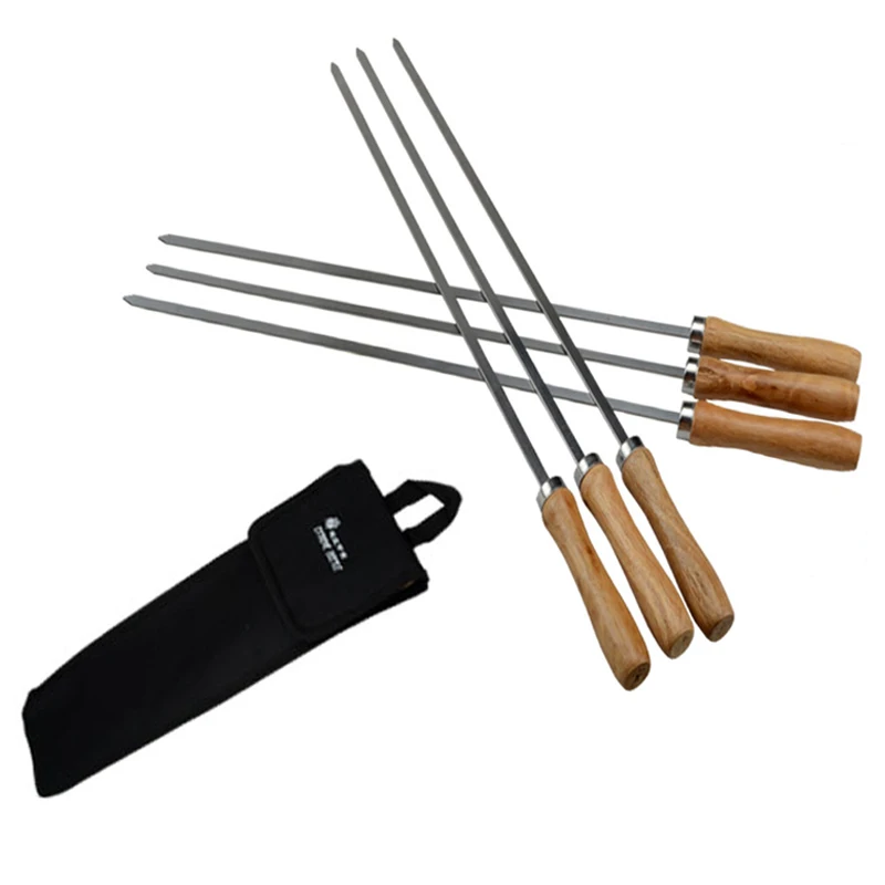 Stainless Steel BBQ Needles Wooden BBQ Kebab skewers Wood Metal BBQ Skewer Grilling Forks Barbecue Accessories 16.5in 42cm